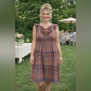 Lauren Ralph Lauren Brown Purple Plaid Ruffle Front Linen Blend Dress Size 14